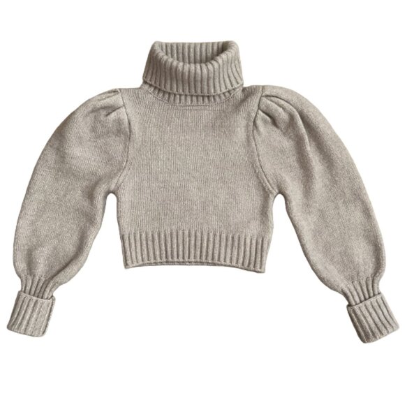 Zara Beige Puff Sleeve Cropped Turtleneck Sweater Ribbed Knit Trendy Top Size M - Picture 2 of 13